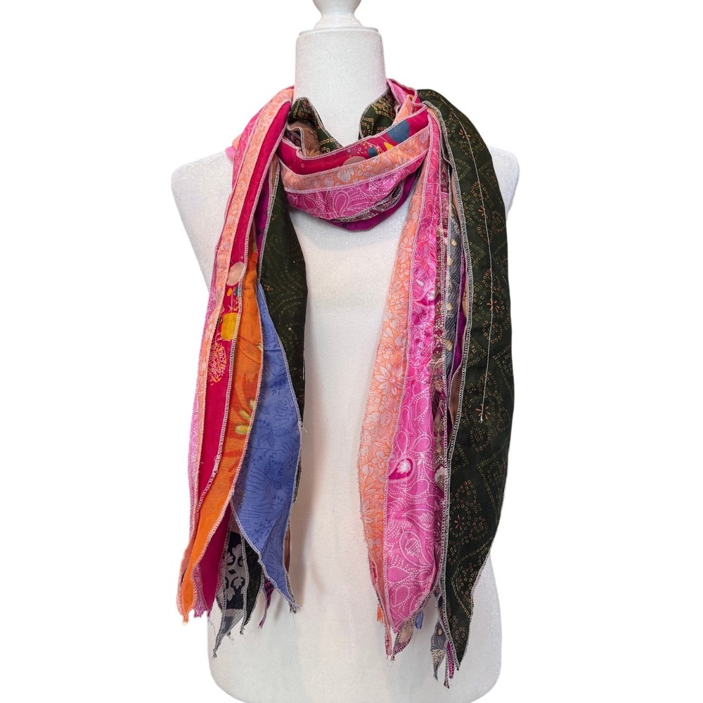 Patchwork Multi Strand Scarf Womens OS Multicolor Excellent Boho Silk